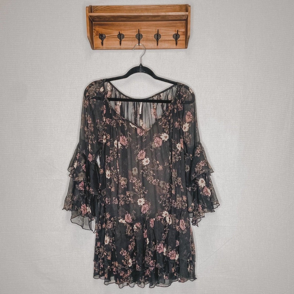 Free People | Sheer Black Floral Dress Small